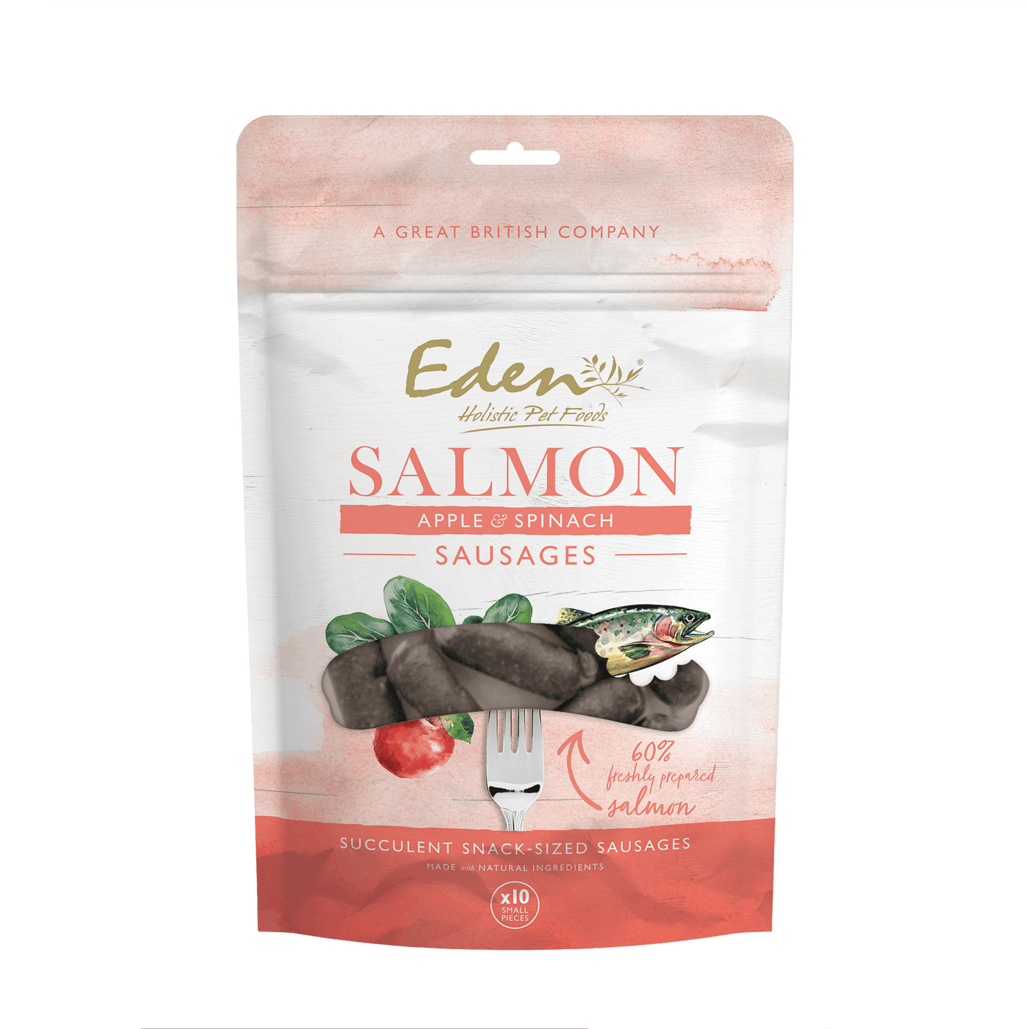 Eden Dog Treats: Sausages Salmon, Apple & Spinach 10pk