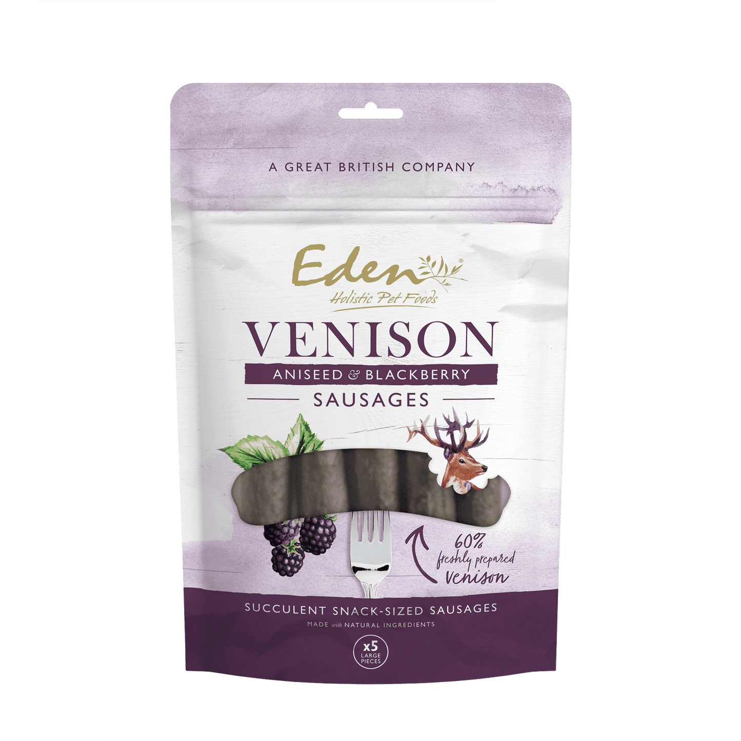 Eden Dog Treats: Sausages Venison, Aniseed & Blackberry 5pk