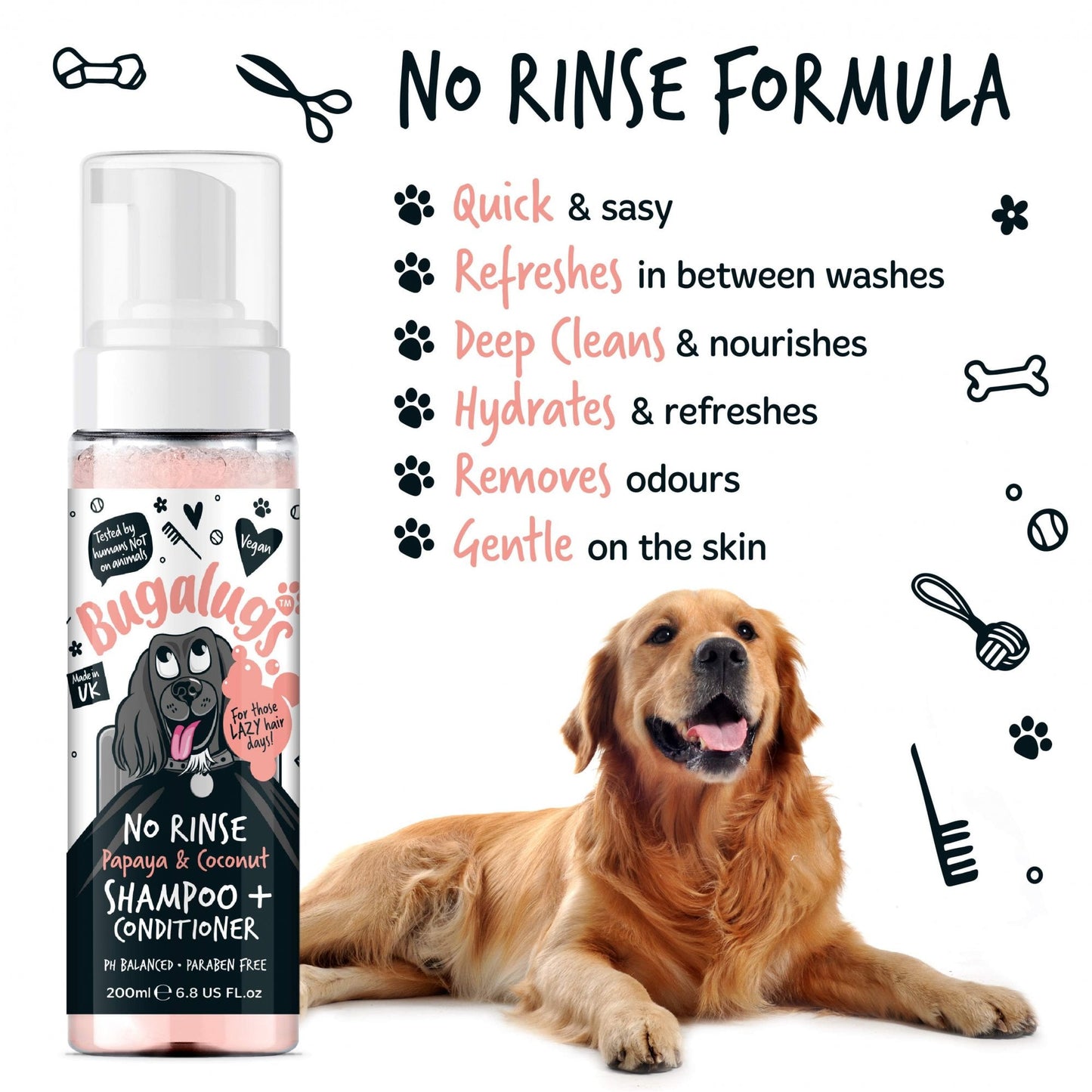 Bugalugs No Rinse Dog Shampoo & Conditioner Papaya & Coconut 200ml