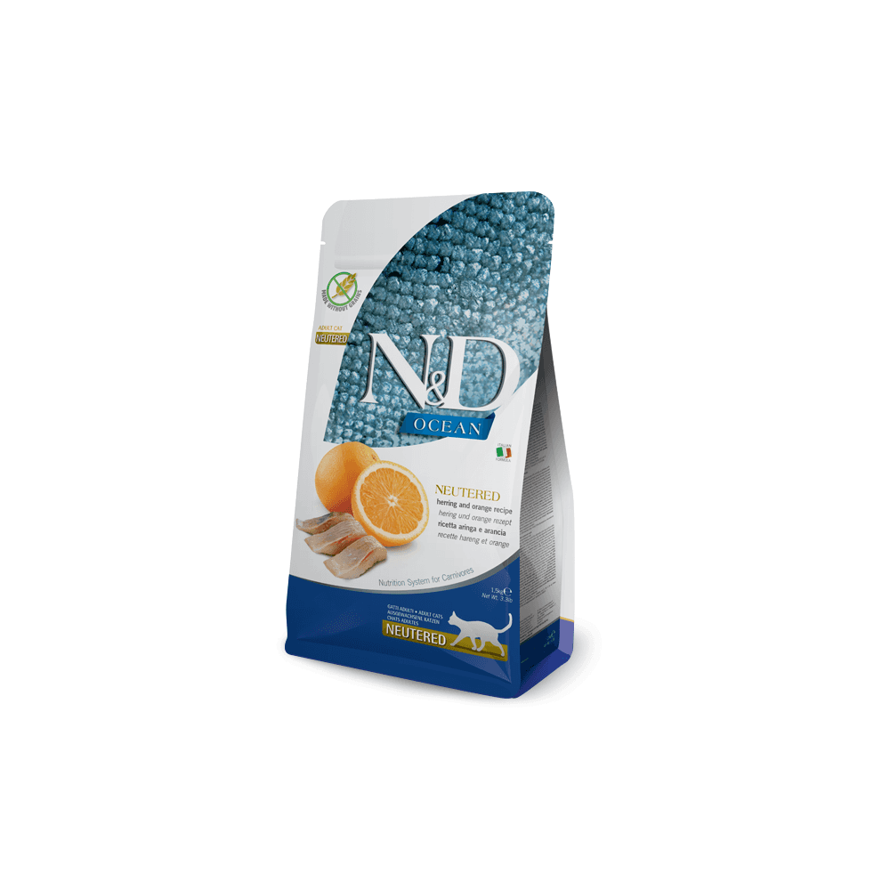 Natural & Delicious Cat Food: Neutered Adult Ocean Herring & Orange 1.5kg