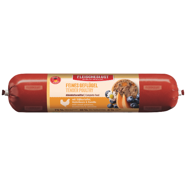 Fleischeslust Wet Dog Food: Tender Poultry with Sweet Potatoes, Blueberries & Camomile