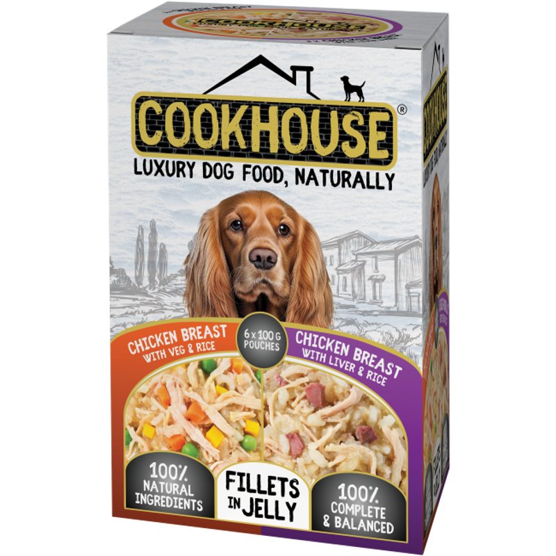 Cookhouse Wet Dog Food: Pouch Chicken with Veg & Chicken with Liver In Jelly 6x100g