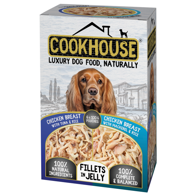 Cookhouse Wet Dog Food: Pouch Chicken with Tuna & Chicken with Mackerel In Jelly 6x100g