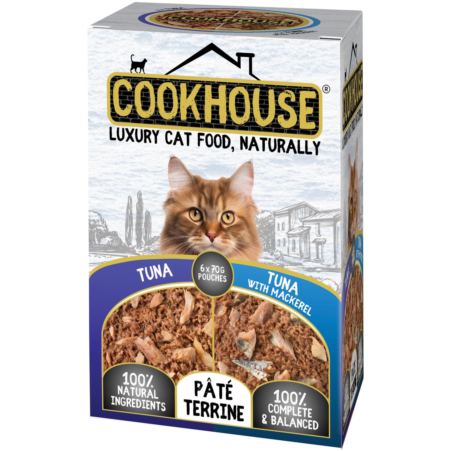 Cookhouse Wet Cat Food: Pouch Tuna & Tuna with Mackerel In Terrine 6x70g