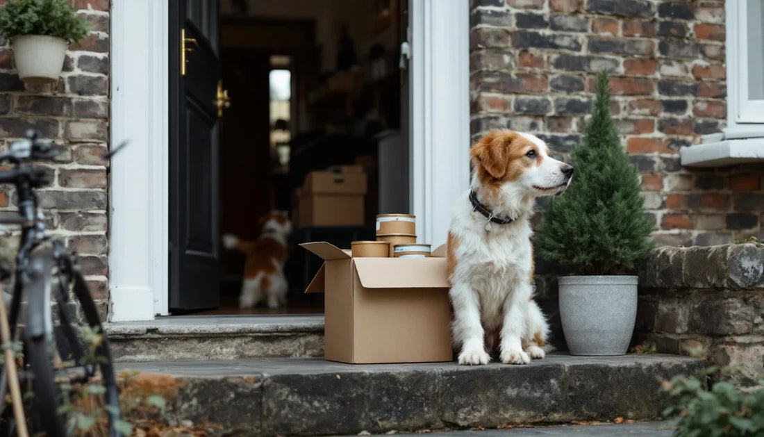 Dog sitting on a UK doorstep beside a delivered box of pet food tins, after buying pet food online