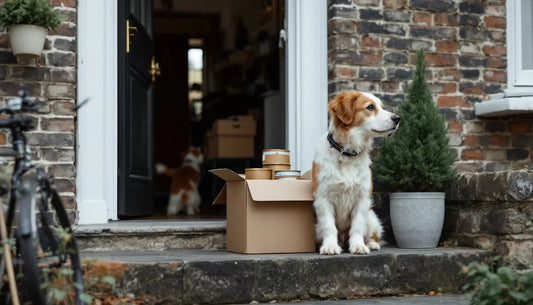 Dog sitting on a UK doorstep beside a delivered box of pet food tins, after buying pet food online