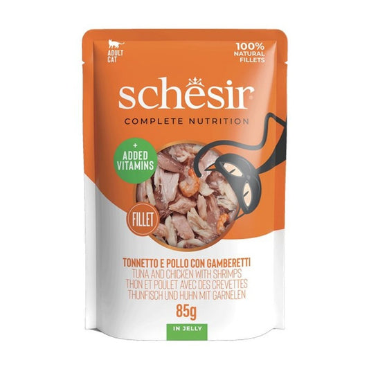 Schesir Wet Cat Food: Pouch Adult Tuna & Chicken & Shrimps in Jelly 85g