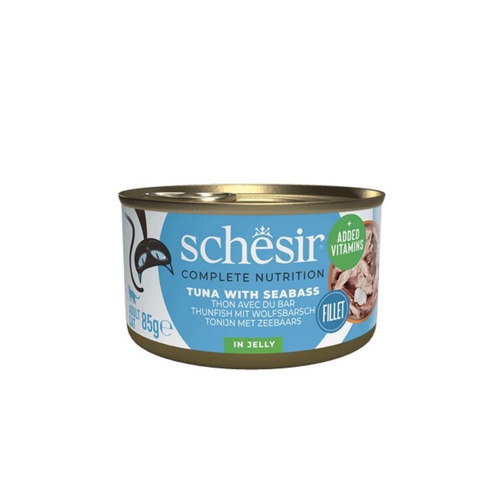 Schesir Wet Cat Food: Can Adult Tuna with Seabass In Jelly 85g