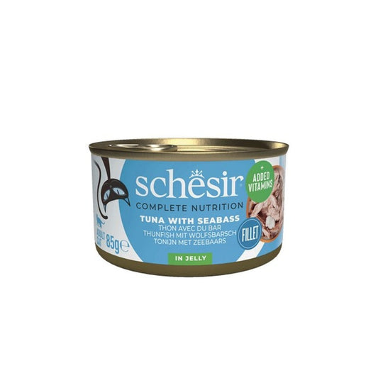Schesir Wet Cat Food: Can Adult Tuna with Seabass In Jelly 85g