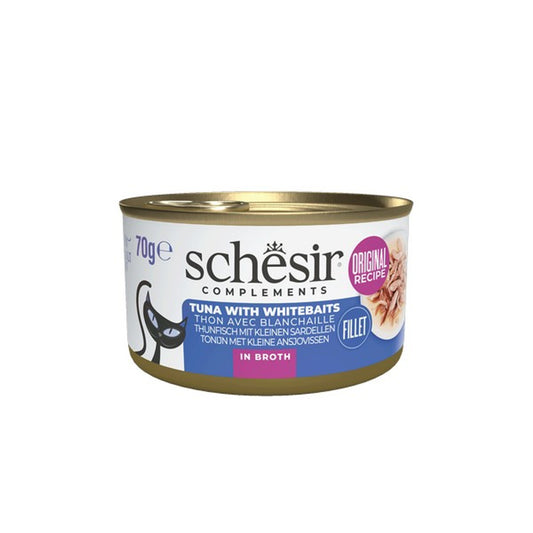 Schesir Wet Cat Food: Complements Can Tuna with Whitebaits In Broth 70g