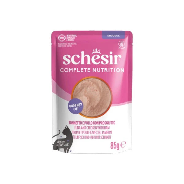 Schesir Wet Cat Food: Complete Tuna & Chicken with Ham in Mousse 85g