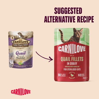 Carnilove Wet Cat Food: Pouch Adult Quail with Dandelion in Gravy 85g