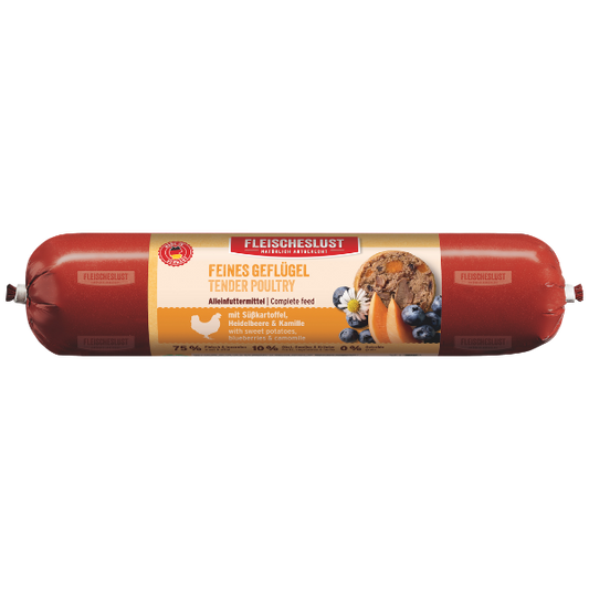 Fleischeslust Wet Dog Food: Tender Poultry with Sweet Potatoes, Blueberries & Camomile