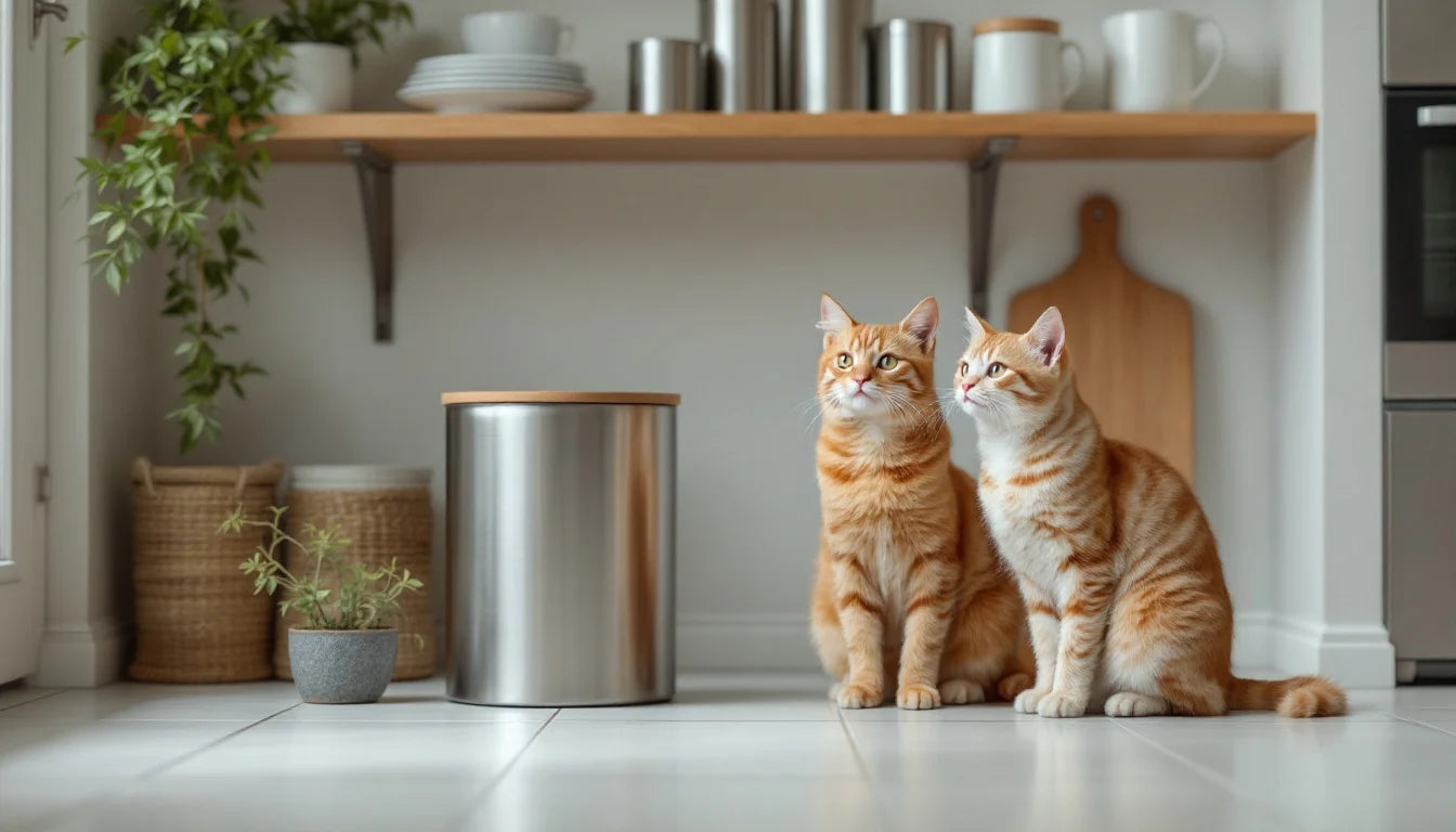 Buying Pet Food Online - two ginger cats sitting on a tiled kitchen floor beside a plain brushed-steel dry food storage bin