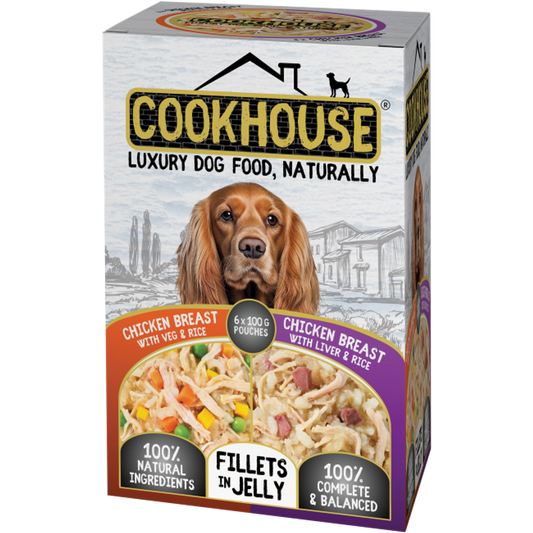 Cookhouse Wet Dog Food: Pouch Chicken with Veg & Chicken with Liver In Jelly 6x100g