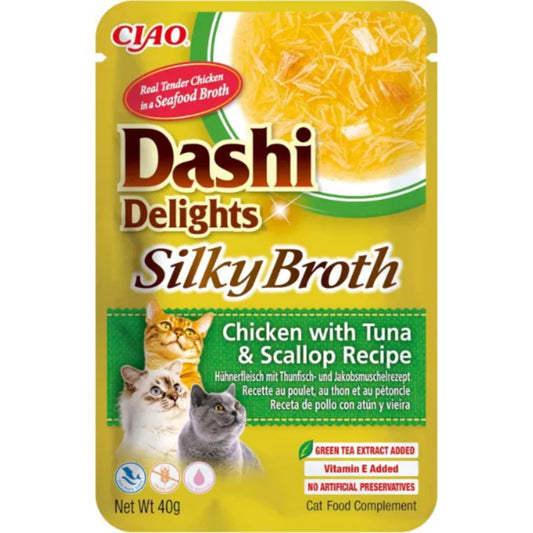 CIAO Cat Dashi Delights Delicate Silky Broth Chicken with Tuna & Scallop Recipe 40g