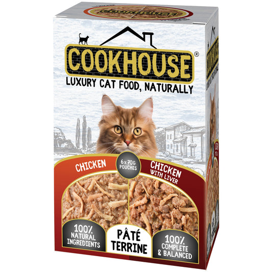 Cookhouse Wet Cat Food: Pouch Chicken & Chicken with Liver In Terrine 6x70g