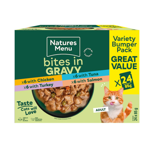 Natures Menu Wet Cat Food: Pouch Adult Bites in Gravy Variety Pack 24x85g