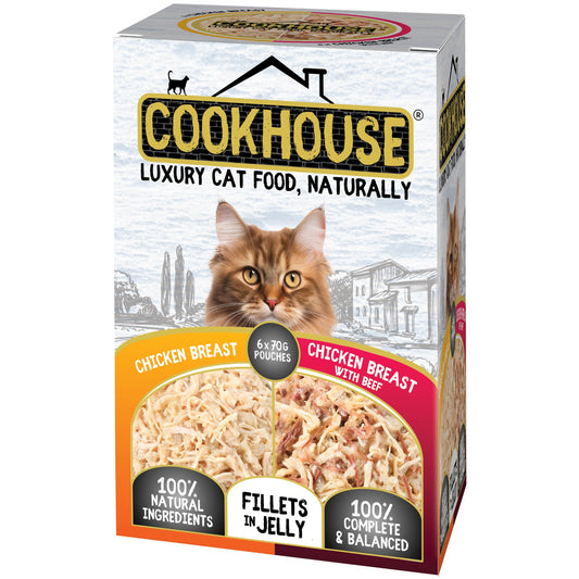 Cookhouse Wet Cat Food: Pouch Chicken & Chicken with Beef in Jelly 6x70g