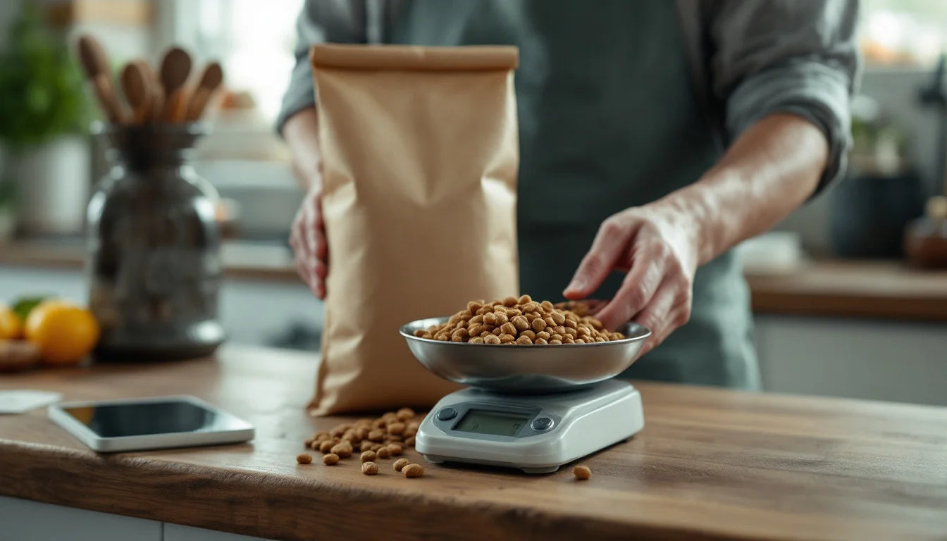 Buying Pet Food Online - hands weighing dry dog kibble on digital kitchen scales beside a paper sack of food